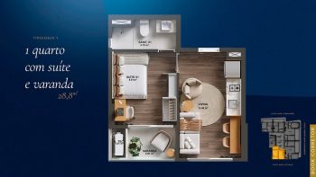 Planta baixa do apartamento de 1 quarto com suíte e varanda do Azure Patamares, com 28,8 m², ambientes integrados e vista para o mar em Salvador.