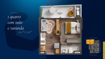 Planta baixa da Tipologia 02 do Azure Patamares com 1 quarto, suíte, living integrado, varanda ampla e área privativa entre 30,1 m² e 31,0 m².