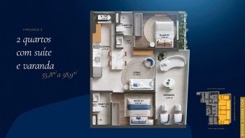 Planta baixa da Tipologia 03 do Azure Patamares com 2 quartos, suíte, living integrado, cozinha funcional e ampla varanda, com áreas entre 55,8 m² e 58,9 m².