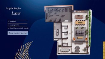 Planta baixa da área de lazer do Azure Patamares com academia, lounge gourmet, coworking, sala de reunião e vista privilegiada para o mar de Salvador.