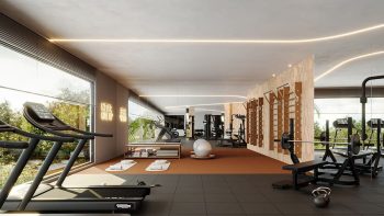 Perspectiva da academia do TOM Colina de Patamares com 220 m², equipamentos modernos para musculação e exercícios aeróbicos, área funcional e amplas janelas com iluminação natural.