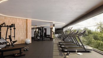 Perspectiva da academia do TOM Colina de Patamares com 220 m², equipamentos modernos para musculação e exercícios aeróbicos, área funcional e amplas janelas com iluminação natural.