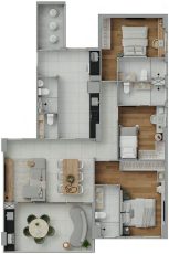 Planta baixa do apartamento tipo de 115,5 m² do TOM Colina de Patamares, com 3 suítes, sala integrada, varanda, cozinha, área de serviço e 2 vagas de garagem.