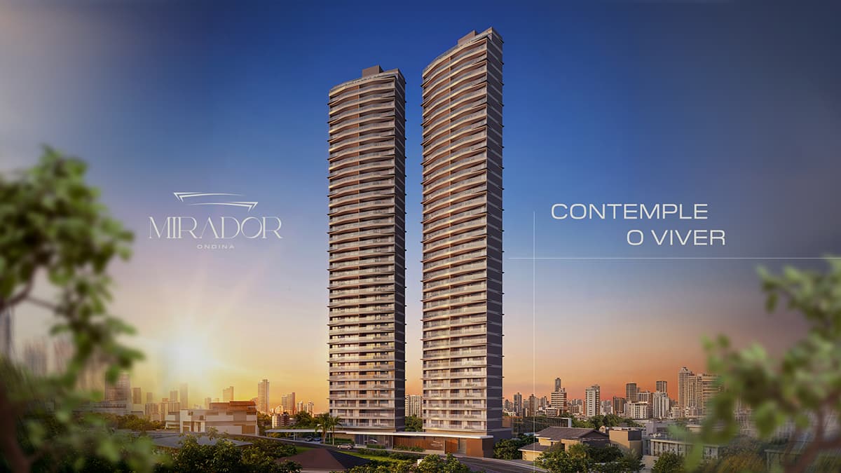 Perspectiva das duas torres residenciais do Mirador Ondina ao entardecer, em Ondina, Salvador.