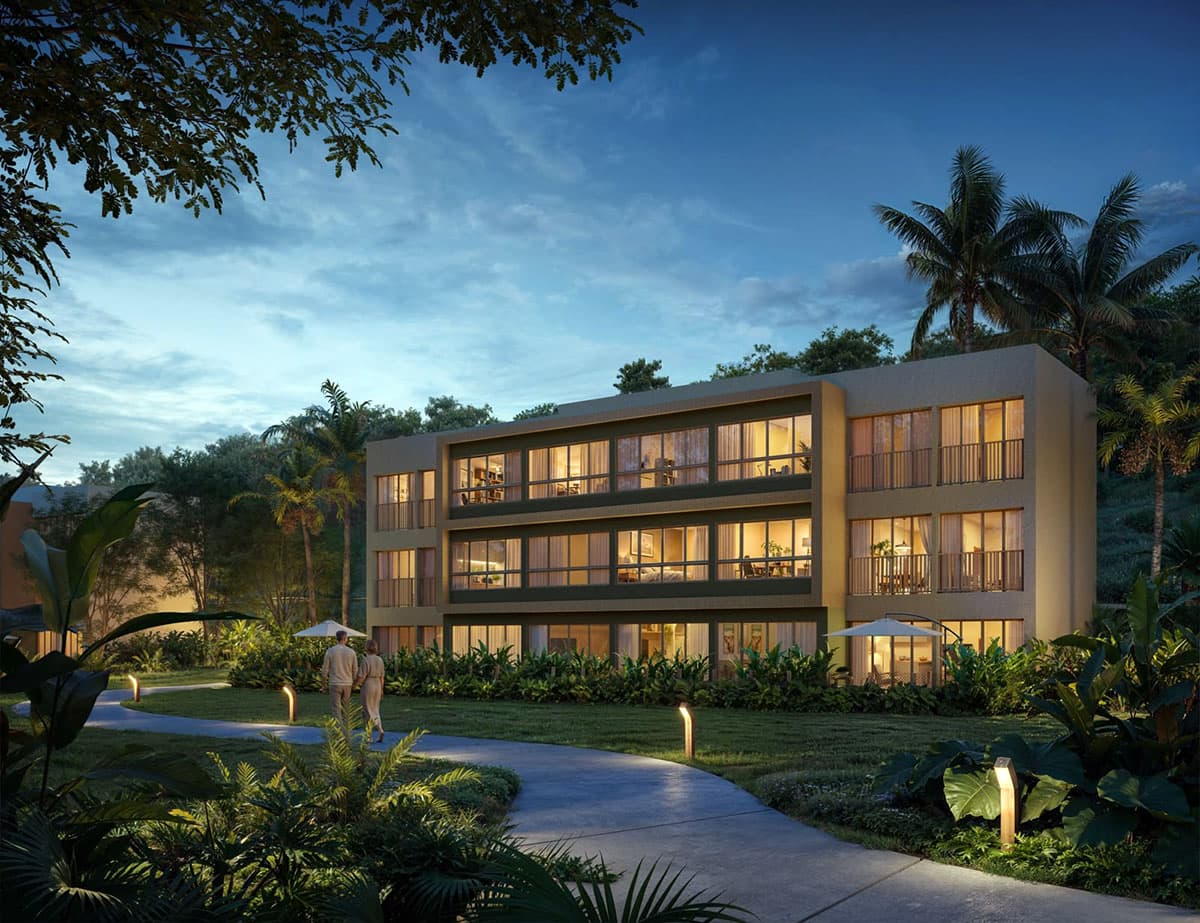 Fachada do NUSA Resort Living Perspectiva de um bloco residencial do NUSA Resort Living, com varandas, grandes janelas e jardins ao redor.